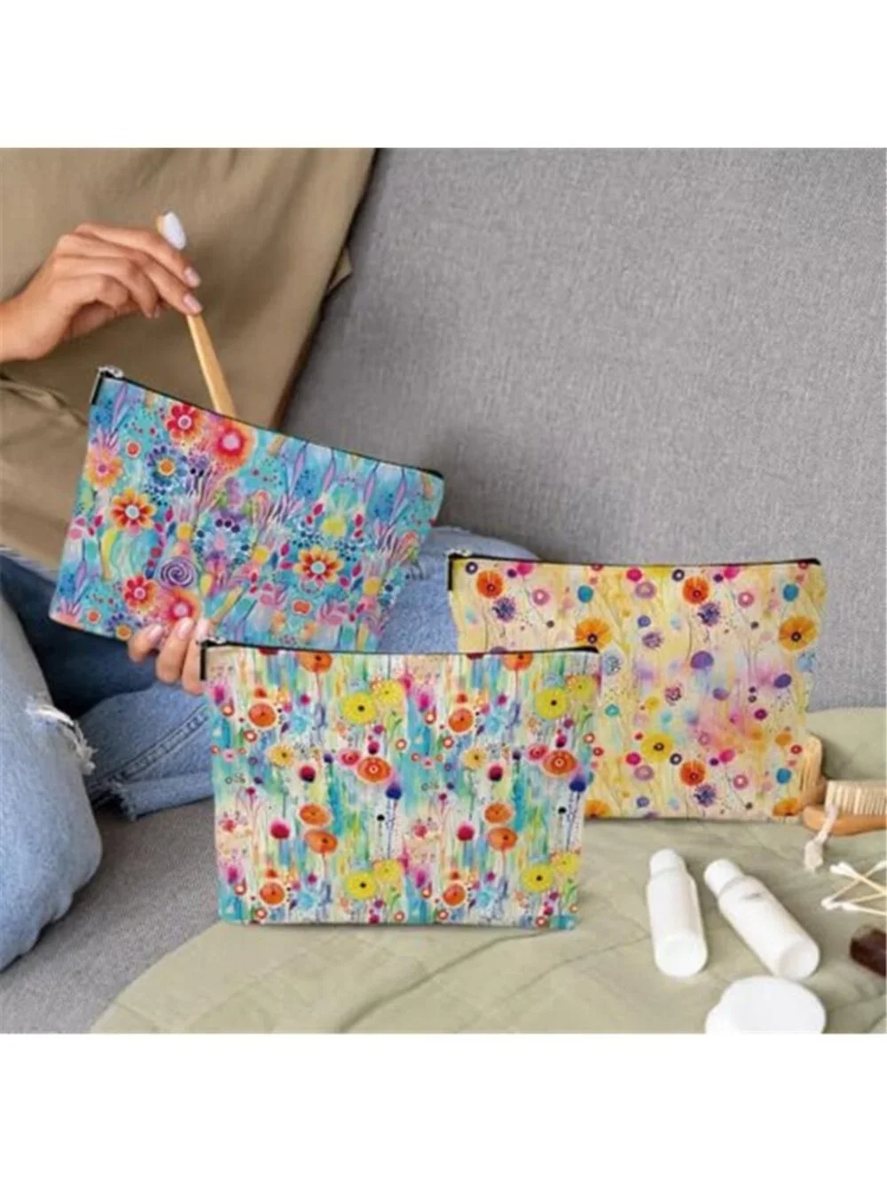 3Pcs Watercolor Flowers Cosmetic Bags for Women Makeup Bag Cute Travel